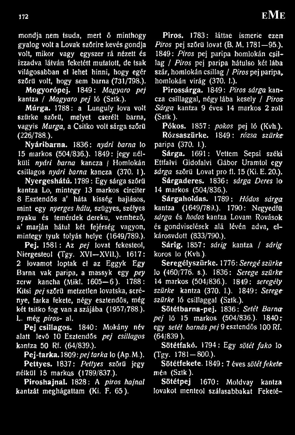 1788: a Lunguly lova volt szürke szőrű, melyet cserélt barna, vagyis Murga, a Csitko volt sárga szőrű (226/788.). Nyáribarna. 1836: nyári barna lo 15 markos (504/836.). 1849: jegy nélküli nyári barna kancza / Homlokán csillagos nyári barna kancza (370.