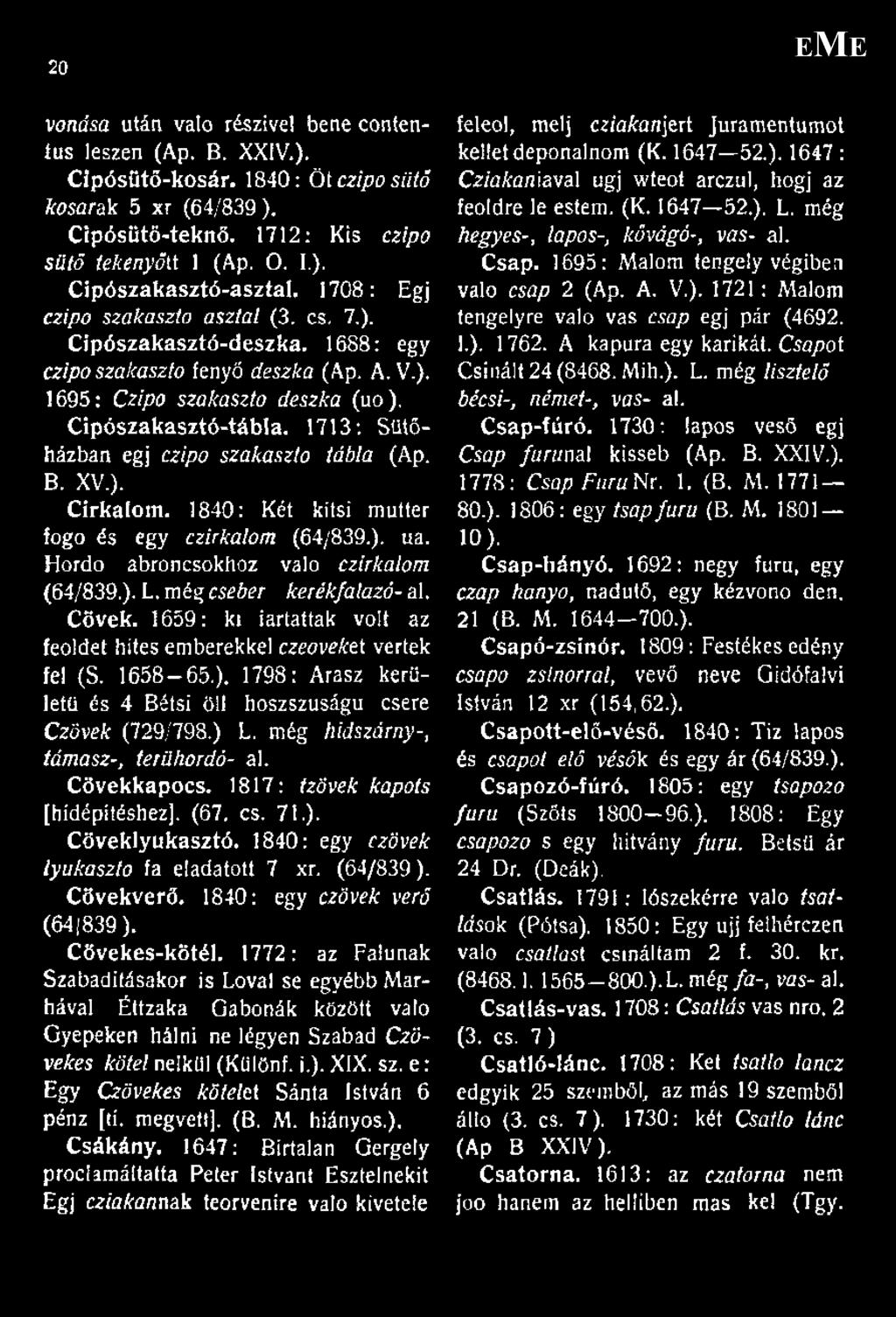 1713: Sütőházban égj czipo szakaszto tábla (Ap. B. XV.). Cirkálom. 1840: Két kítsi mutter fogo és egy czirkálóm (64/839.). ua. Hordo abroncsokhoz való czirkalom (64/839.). L.