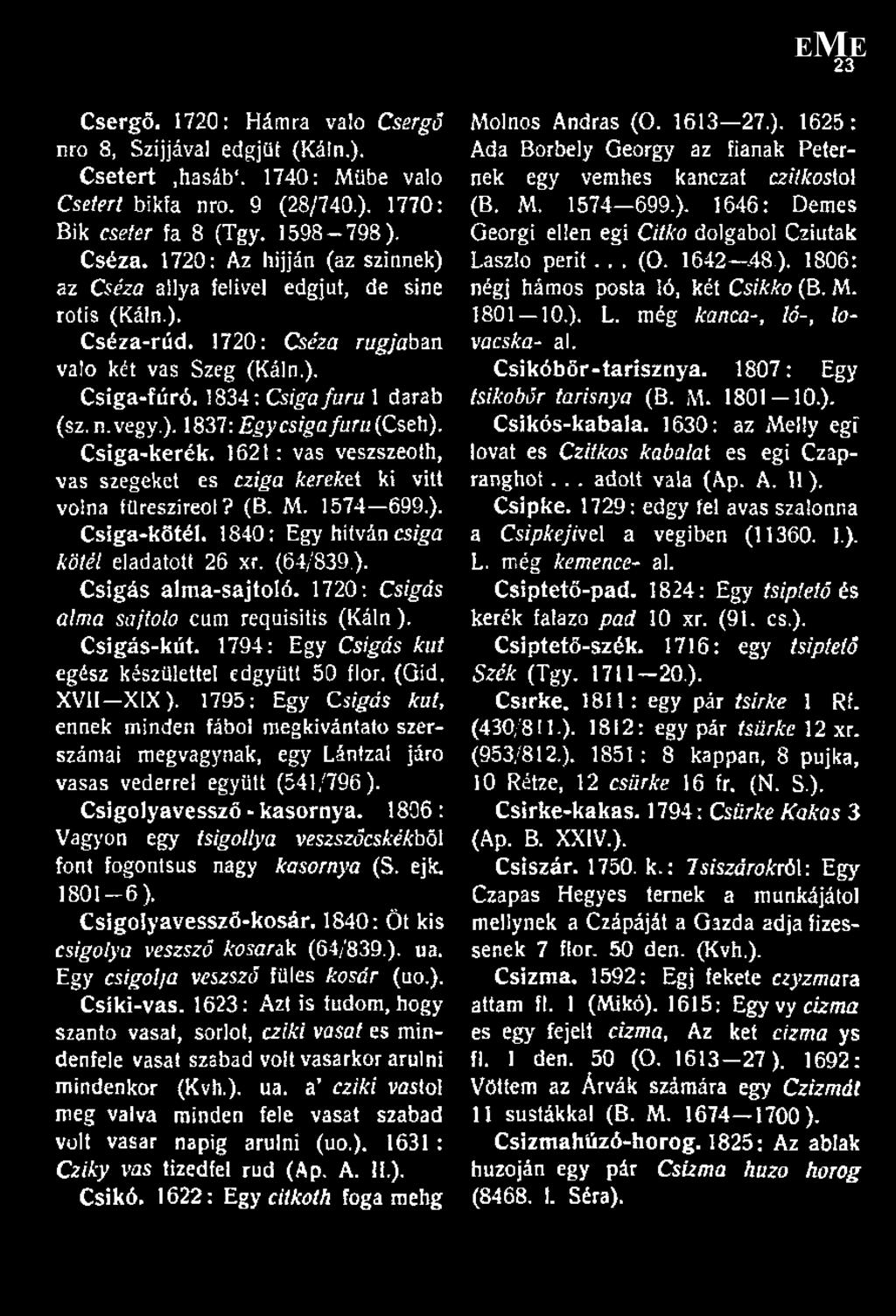 Csiga-kerék. 1621: vas veszszeoíh, vas szegeket es cziga kerekít ki vitt volna filreszireol? (B. M. 1574 699.). Csiga-kötél. 1840: Egy hitván csiga kötél eladatott 26 xr. (64/839.). Csigás alma-sajtoló.