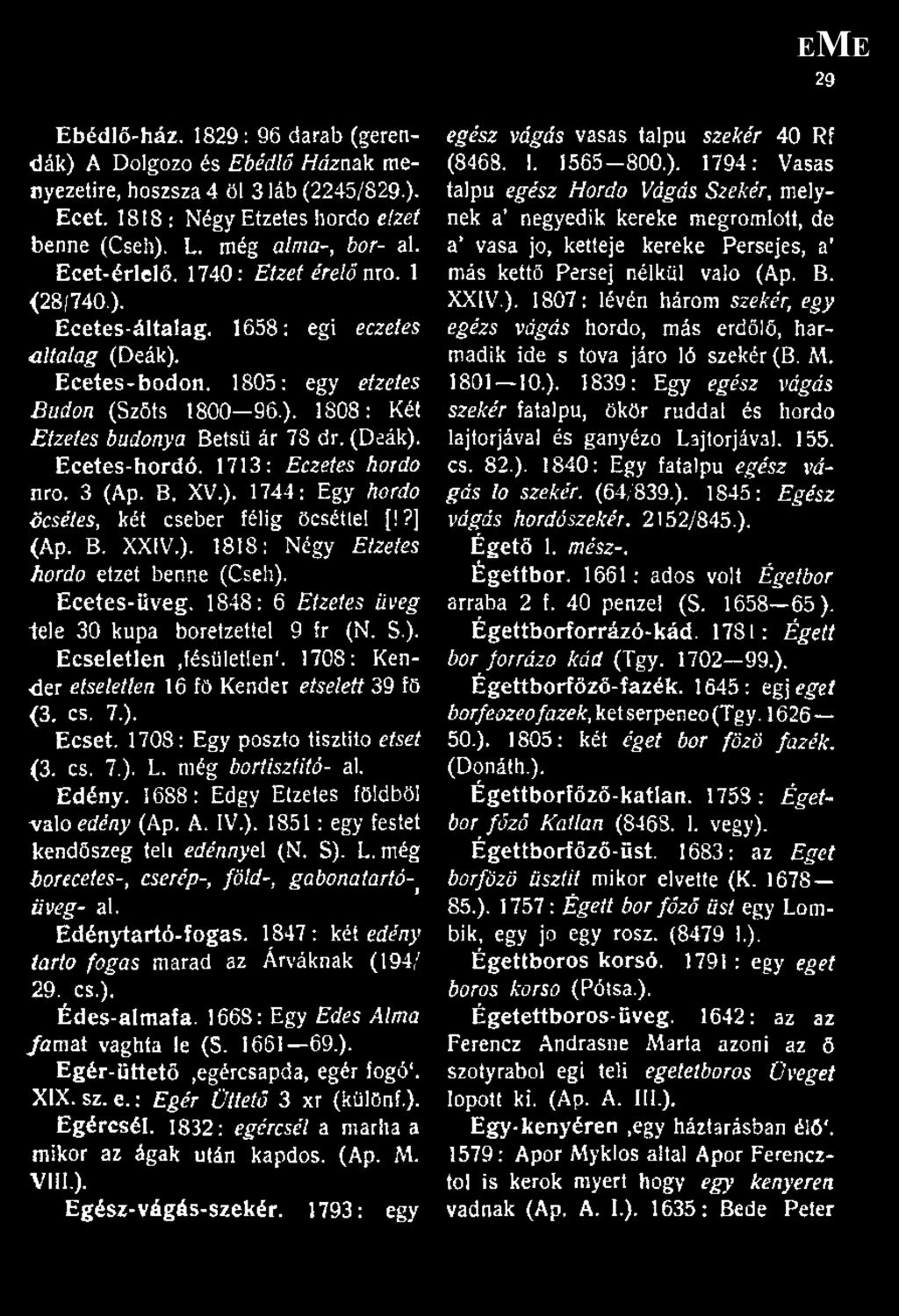 Ecetes-hordó. 1713: Eczetes hordo nro. 3 (Ap. B, XV.). 1744: Egy hordo öcsétes, két cseber félig öcsétle! [!?] (Ap. B. XXIV.). 1818: Négy Etzetes hordo etzet benne (Cseh). Ecetes-üveg.