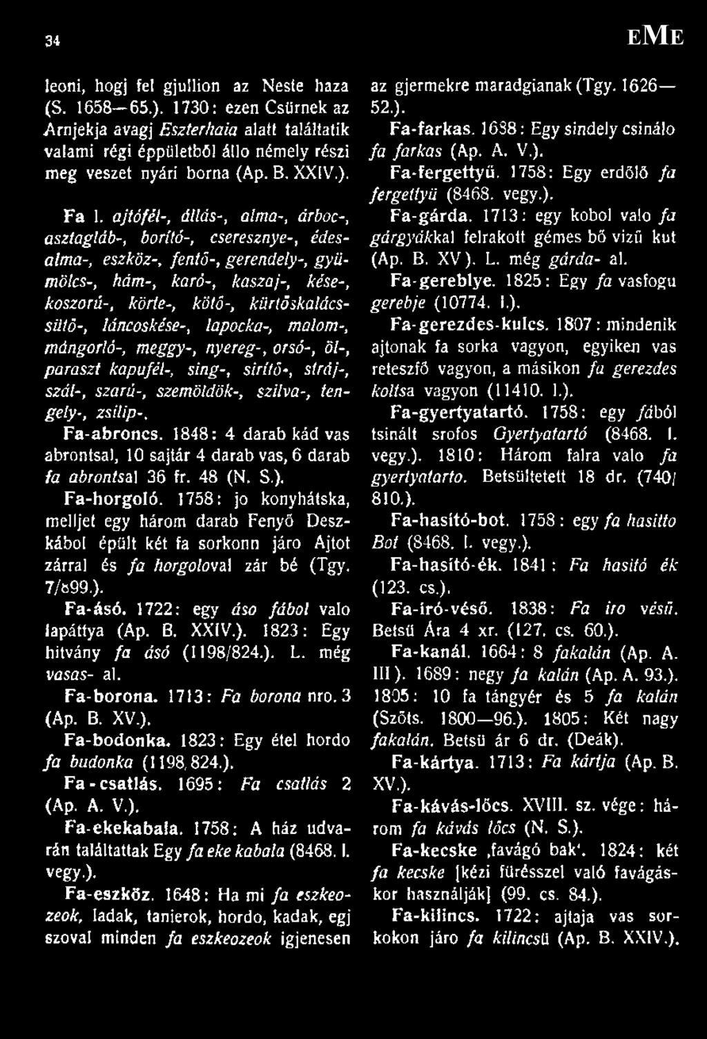 ajtófél-, állás-, alma-, árboc-, asz tag láb-, borító-, cseresznye-, édesalma-, eszköz-, fentő-, gerendety-, gyümölcs-, hám-, karó-, kaszaj-, kése-, koszorú-, körte-, kötő-, kürtöskalácssüiö-,
