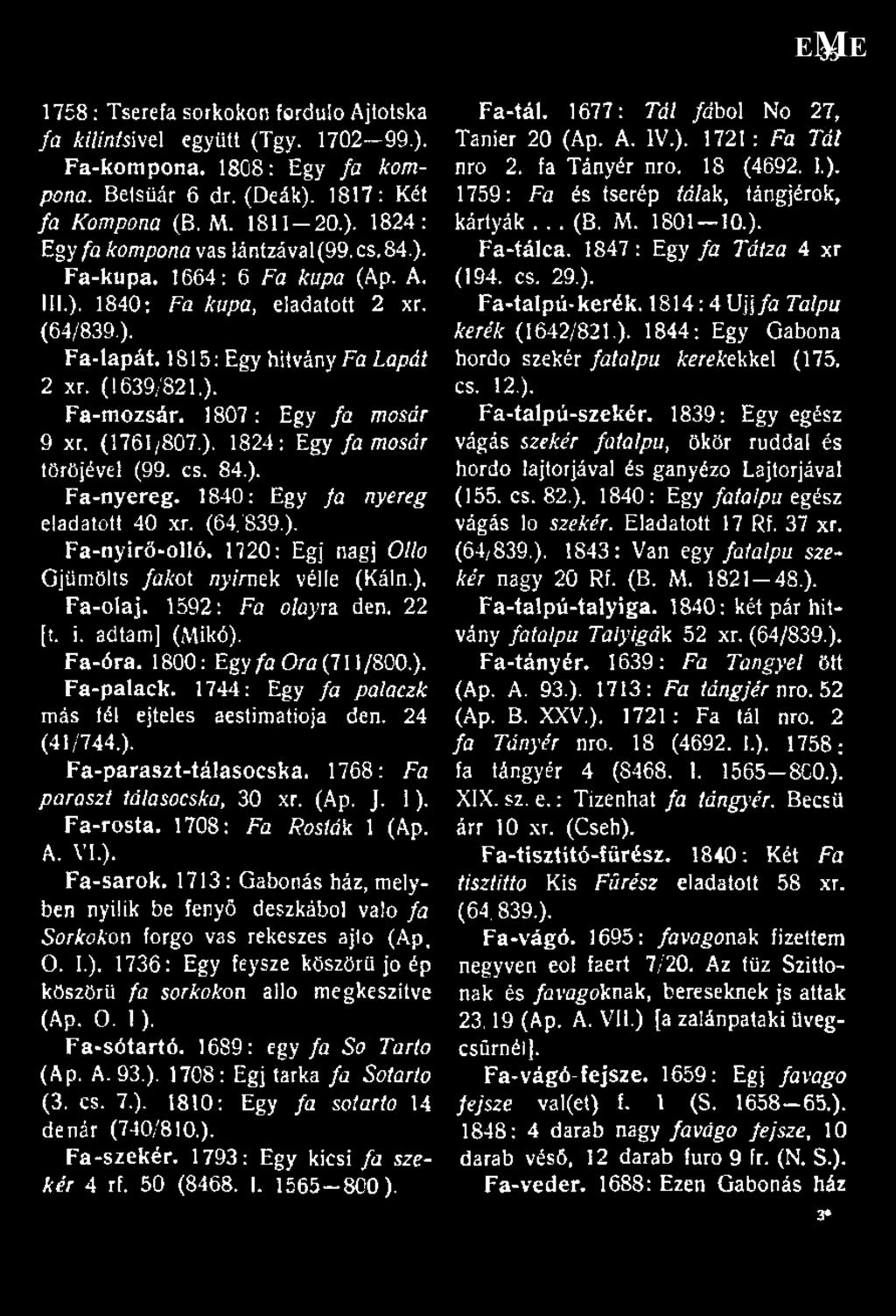 cs. 84.). Fa-nyereg. 1840: Egy fa nyereg eladatott 40 xr. (64/839.). Fa-nyirő-olló. 1720: Égj nagj Olló Gjümölts fakót nyírnek vél le (Káin.). Fa-olaj. 1592: Fa olayra. den. 22 [t. i. adtam] (Mikó).