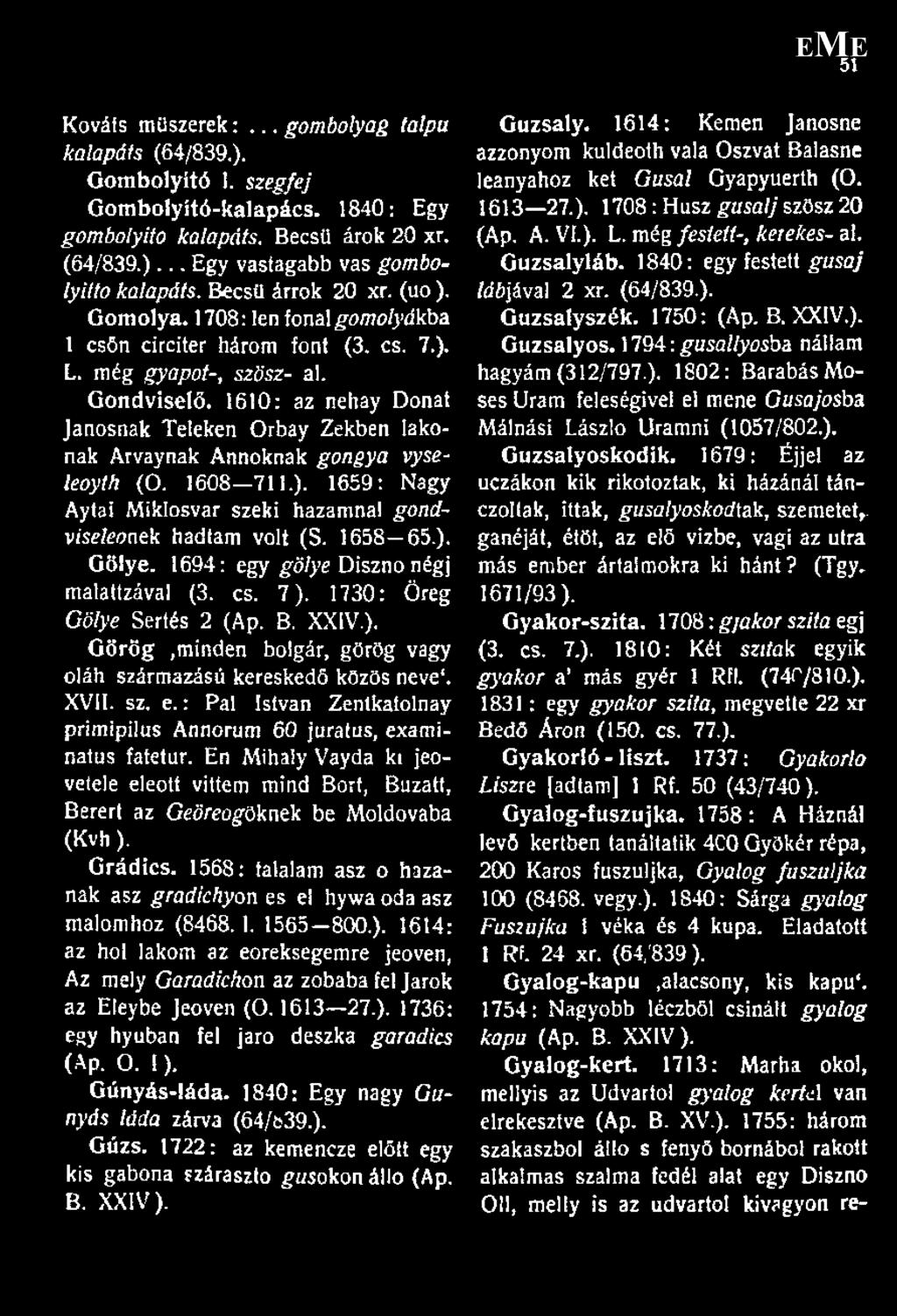 1610: az nehay Donat Jánosnak Teleken Orbay Zekben lakónak Arvaynak Annoknak gongya vyseleoytfi (O. 1608 711.). 1659: Nagy Aytai Miklosvar széki hazamna! gondviselőnek hadtam volt (S. 1658 65.). Gölye.
