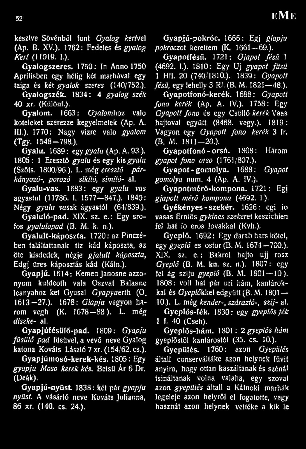1663: Gyalomhoz való köteleket szerezze kegyelmetek (Ap. A. III.). 1770: Nagy vízre való gyalom (Tgy. 1548-798.). Gyalu. 1689: egy gyalu (Ap. A. 93.). 1805: 1 Eresztő gyalu és egy kis gyalu (Szőts.