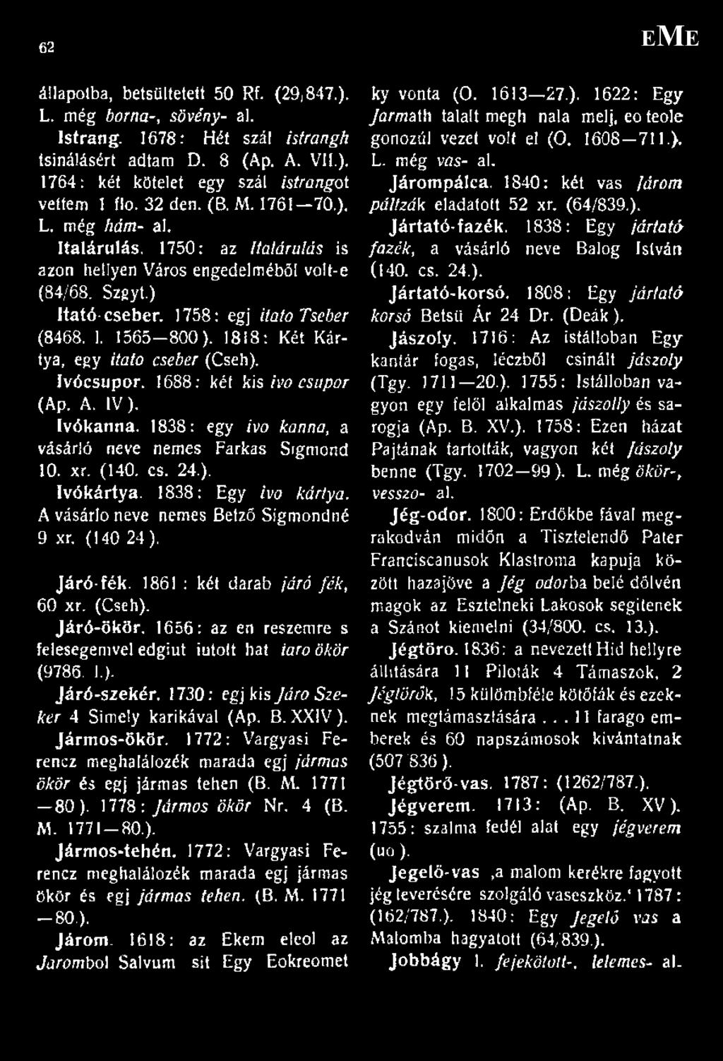 1818: Két Kártya, egy itató cseber (Cseh), Ivócsupor. 1688: két kis ivó csupor (Ap. A. IV). Ivókanna. 1838: egy ivó kanna, a vásárló neve nemes Farkas Srgmond 10. xr. (140. cs. 24.). IvÓkártya.