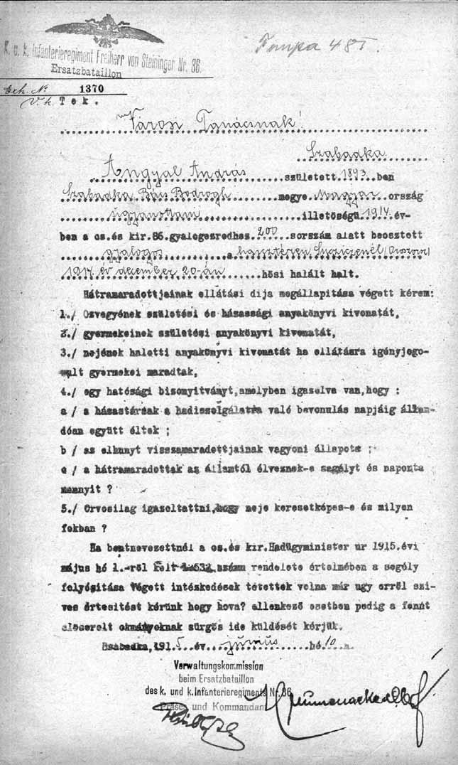 Értesítés Angyal András gyalogos hősi haláláról (Történelmi