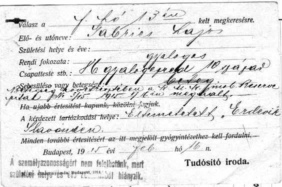 Értesítés Gabrics Lajos gyalogos hősi haláláról (Történelmi