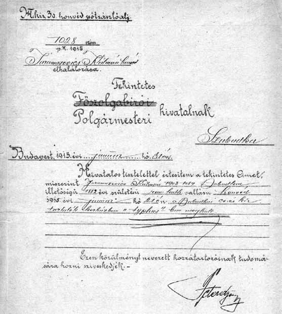 doboz, iktatószám: 8939/1915) Értesítés Jaramazovics Kálmán