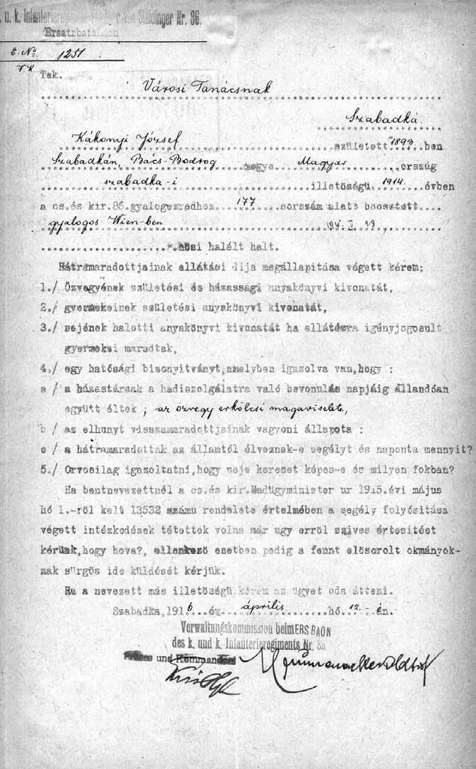 Értesítés Kákonyi József gyalogos hősi haláláról (Történelmi