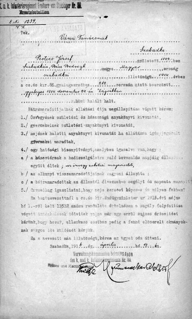Értesítés Pertics József gyalogos hősi haláláról (Történelmi