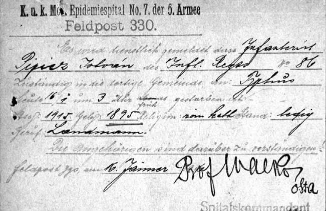 Értesítés Pipicz István gyalogos halálesetéről (Történelmi