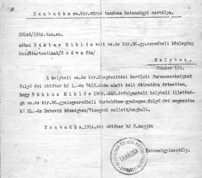 doboz, iktatószám: 8898/1916) Értesítés Rakics Miklós