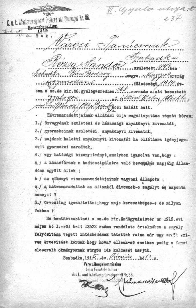 Értesítés Rózsa Sándor gyalogos hősi haláláról (Történelmi