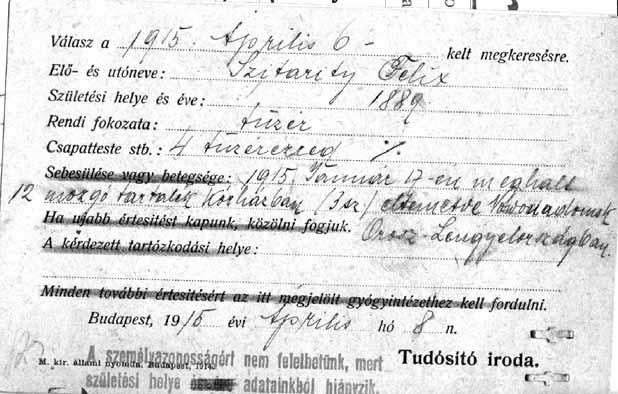 doboz, iktatószám: 22704/1915) Értesítés Szitarics Bódog tüzér