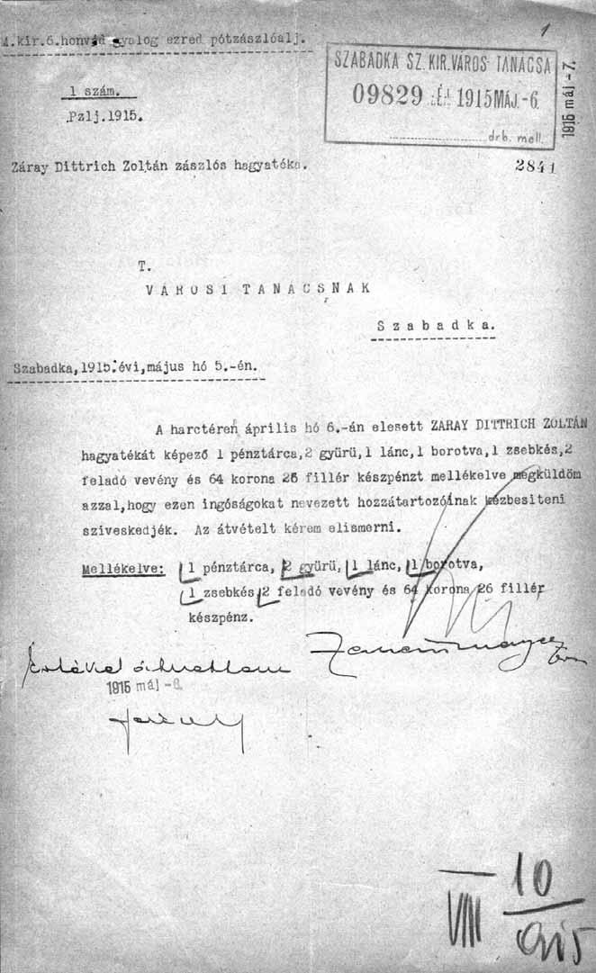 Értesítés Záray Ditrich Zoltán hősi halált halt zászlós hagyatékáról