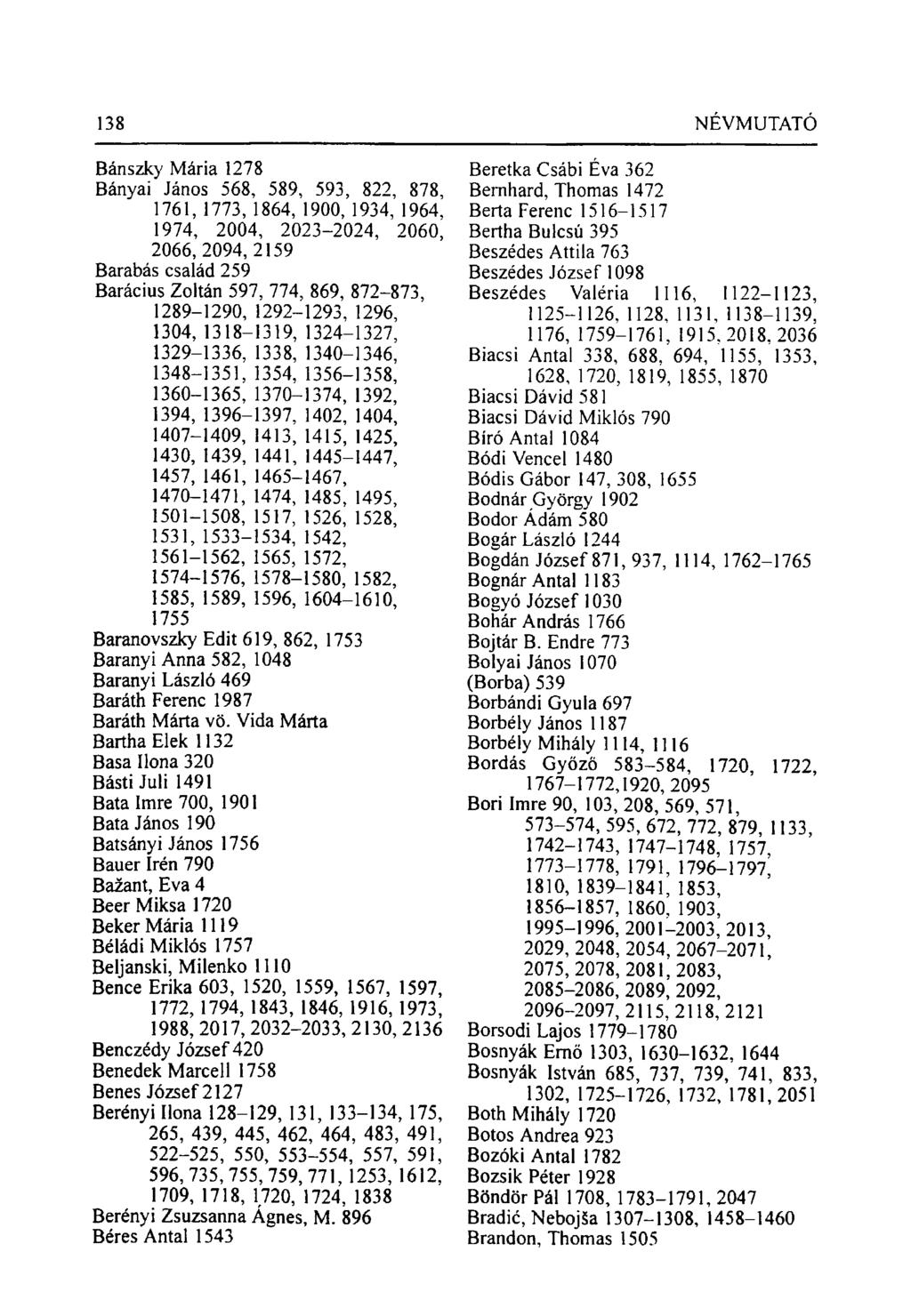 Bánszky Mária 1278 Bányai János 568, 589, 593, 822, 878, 1761, 1773, 1864, 1900, 1934, 1964.