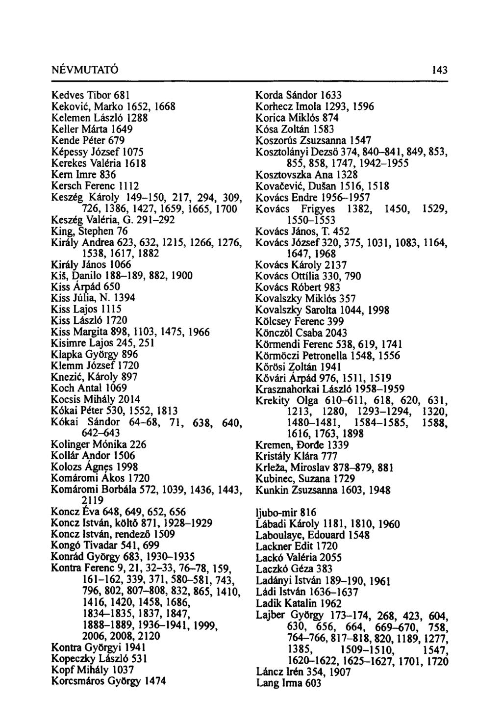 Kedves Tibor 681 Keković, Marko 1652, 1668 Kelemen László 1288 Keller Márta 1649 Kende Péter 679 Képessy József 1075 Kerekes Valéria 1618 Kern Imre 836 Kersch Ferenc 1112 Keszeg Károly 149-150, 217,