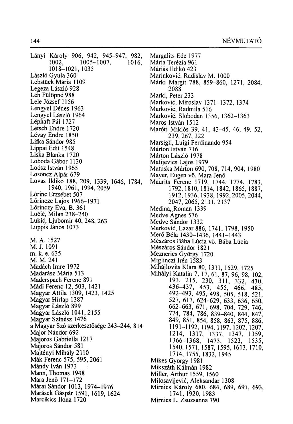 Lányi Károly 906, 942, 945-947, 982, 1002, 1005-1007, 1016, 1018-1021, 1035 László Gyula 360 Lebstück Mária 1109 Legeza László 928 Léh Fülöpné 988 Lele József 1156 Lengyel Dénes 1963 Lengyel László