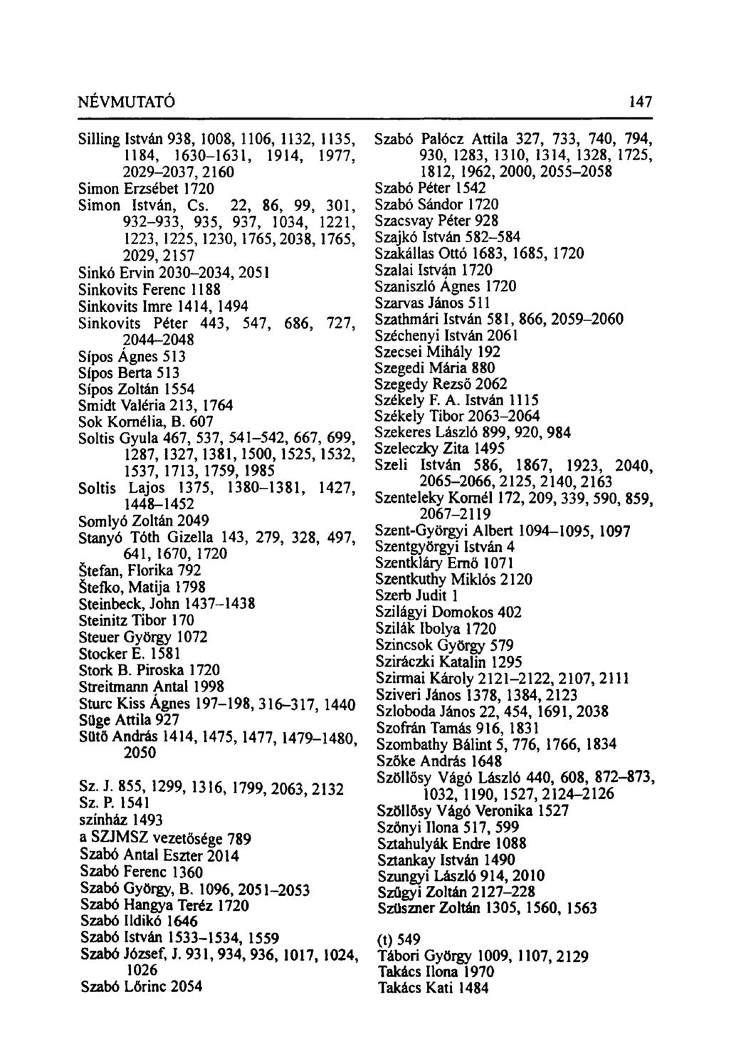 Silling István 938, 1008, 1106, 1132, 1135, 1184, 1630-1631, 1914, 1977, 2029-2037,2160 Simon Erzsébet 1720 Simon István, Cs.