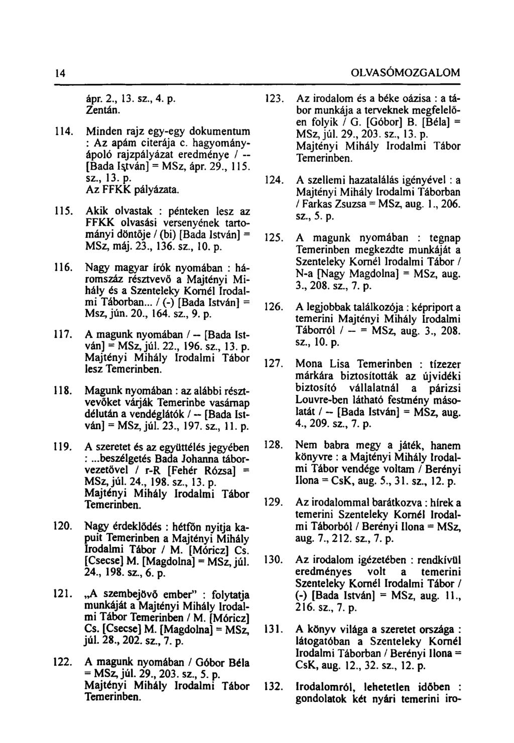 14 OLVASÓMOZGALOM ápr. 2., 13. sz., 4. p. Zentán. 114. Minden rajz egy-egy dokumentum : Az apám citerája c. hagyományápoló rajzpályázat eredménye / ~ [Bada Is.tván] = MSz, ápr. 29., 115. sz., 13. p. Az FFKK pályázata.