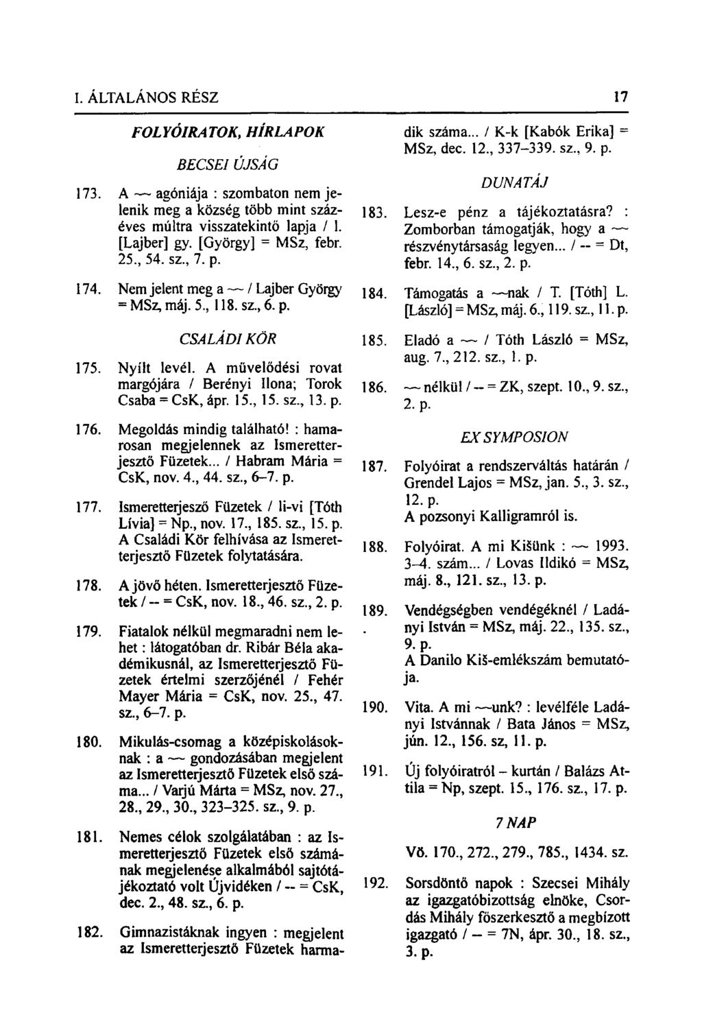 FOLYÓIRATOK, BECSEI HÍRLAPOK ÚJSÁG 173. A agóniája : szombaton nem jelenik meg a község több mint százéves múltra visszatekintő lapja / 1. [Lajber] gy. [György] = MSz, febr. 25., 54. sz, 7. p. 174.