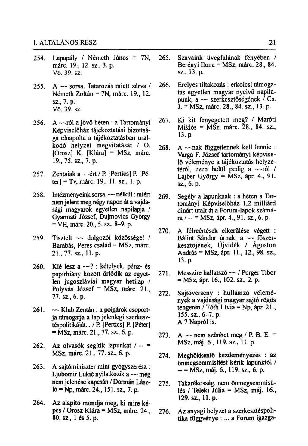 254. Lapapály / Németh János = 7N, márc. 19., 12. sz., 3. p. Vö. 39. sz. 255. A sorsa. Tatarozás miatt zárva / Németh Zoltán = 7N, márc. 19., 12. sz., 7. p. Vö. 39. sz. 256.