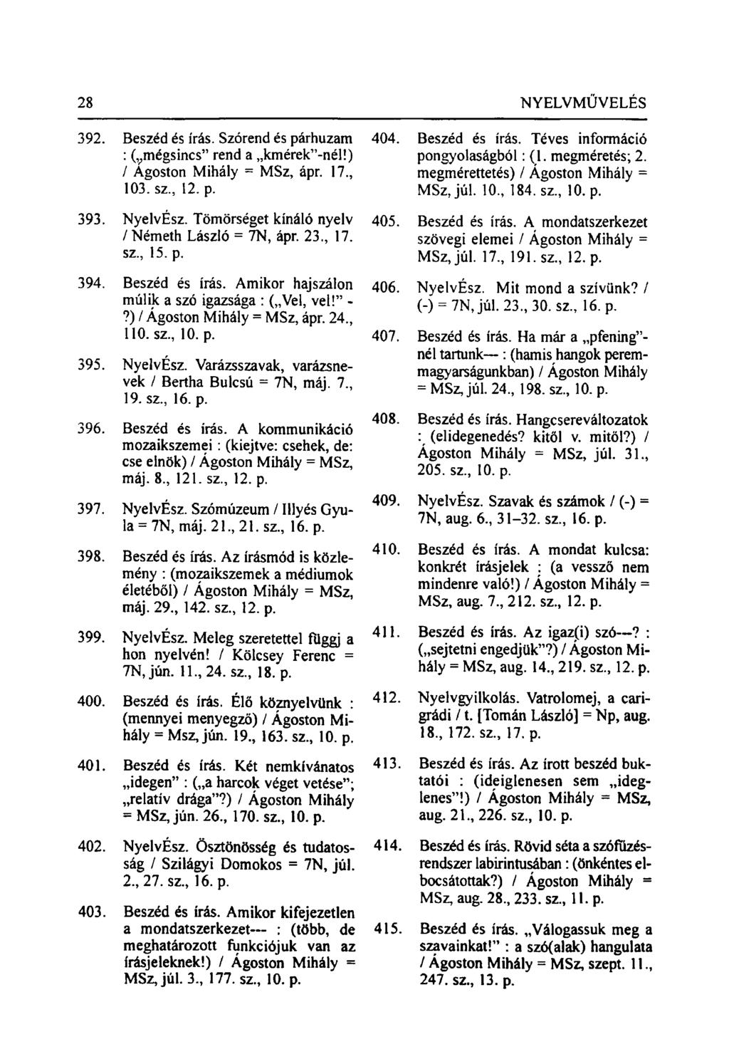 392. Beszéd és írás. Szórend és párhuzam : ( v mégsincs" rend a,,kmérek"-nél!) / Ágoston Mihály = MSz, ápr. 17., 103. sz., 12. p. 393. NyelvÉsz. Tömörséget kínáló nyelv / Németh László = 7N, ápr. 23.