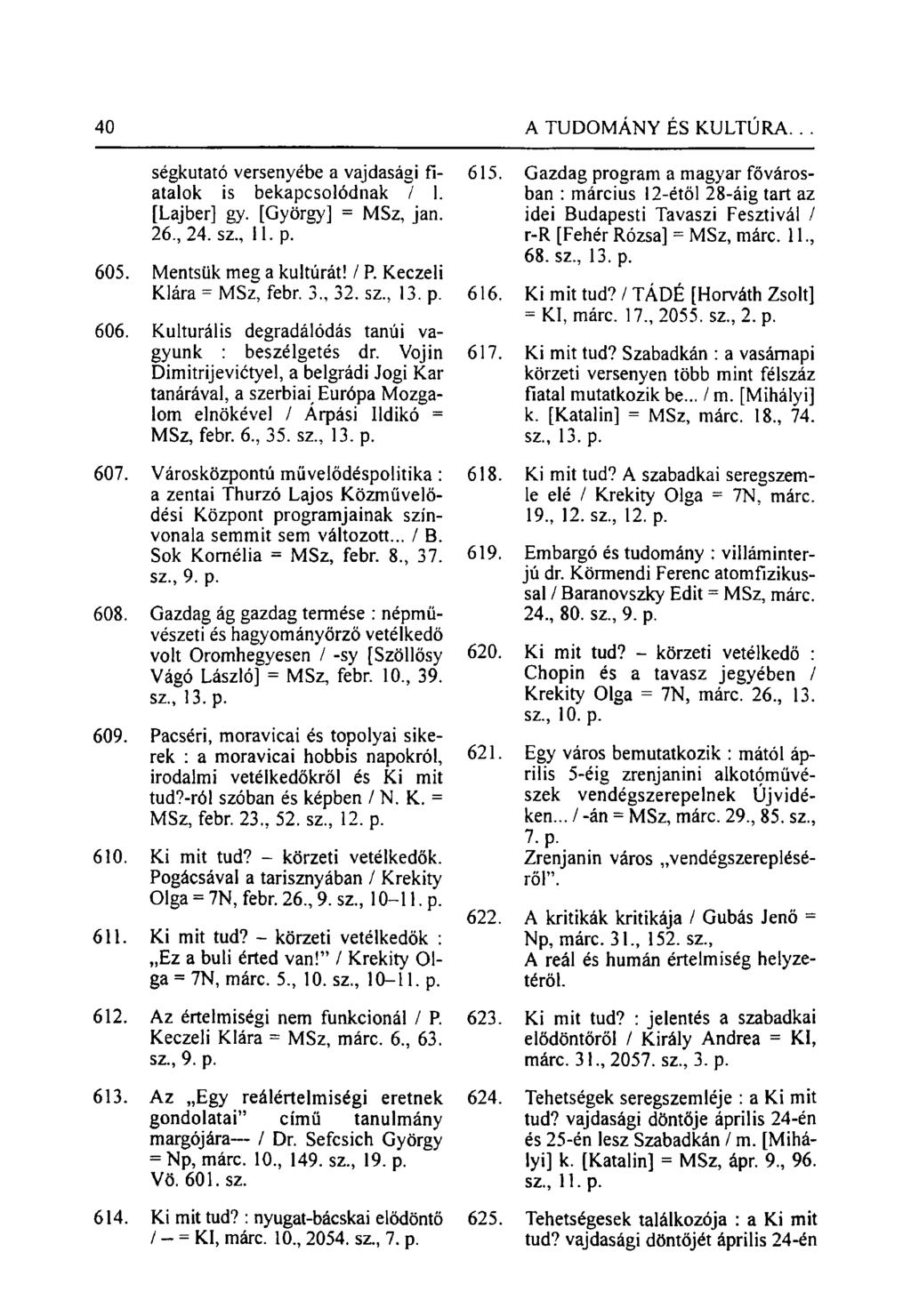ségkutató versenyébe a vajdasági fiatalok is bekapcsolódnak / 1. [Lajber] gy. [György] = MSz, jan. 26, 24. sz., 11. p. 605. Mentsük meg a kultúrát! / R Keczeli Klára = MSz, febr. 3, 32. sz, 13. p. 606.