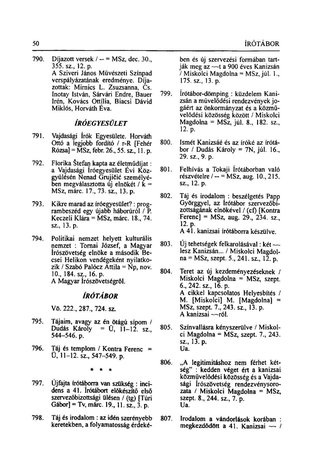 50 ÍRÓTÁBOR 790. Díjazott versek / - = MSz, dec. 30., 355. sz., 12. p. A Sziveri János Művészeti Színpad verspályázatának eredménye. Díjazottak: Mimics L. Zsuzsanna, Cs.