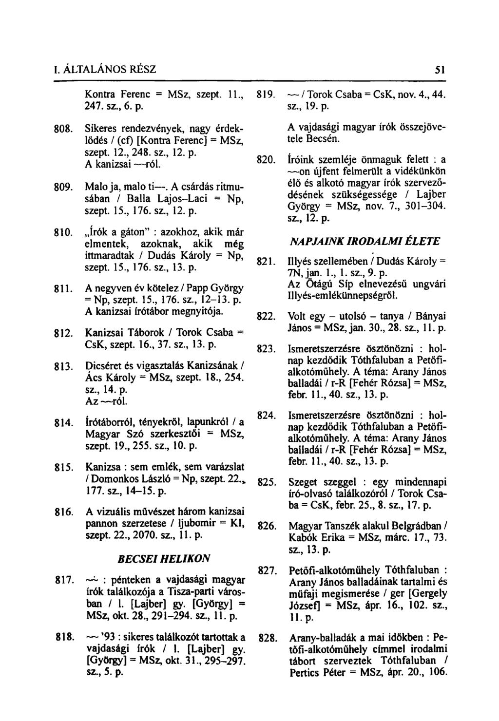 Kontra Ferenc = MSz, szept. 11., 247. sz., 6. p. 808. Sikeres rendezvények, nagy érdeklődés / (cf) [Kontra Ferenc] = MSz, szept. 12, 248. sz, 12. p. A kanizsai ról. 809. Malo ja, malo ti.