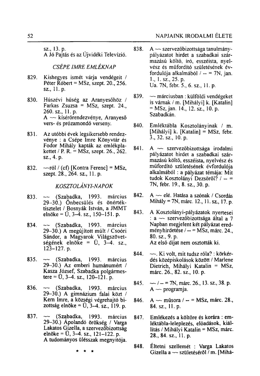 sz, 13. p. A Jó Pajtás és az Újvidéki Televízió. CSÉPÉ IMRE EMLÉKNAP 829. Kishegyes ismét várja vendégeit / Péter Róbert = MSz, szept. 20, 256. sz, 11. p. 830.