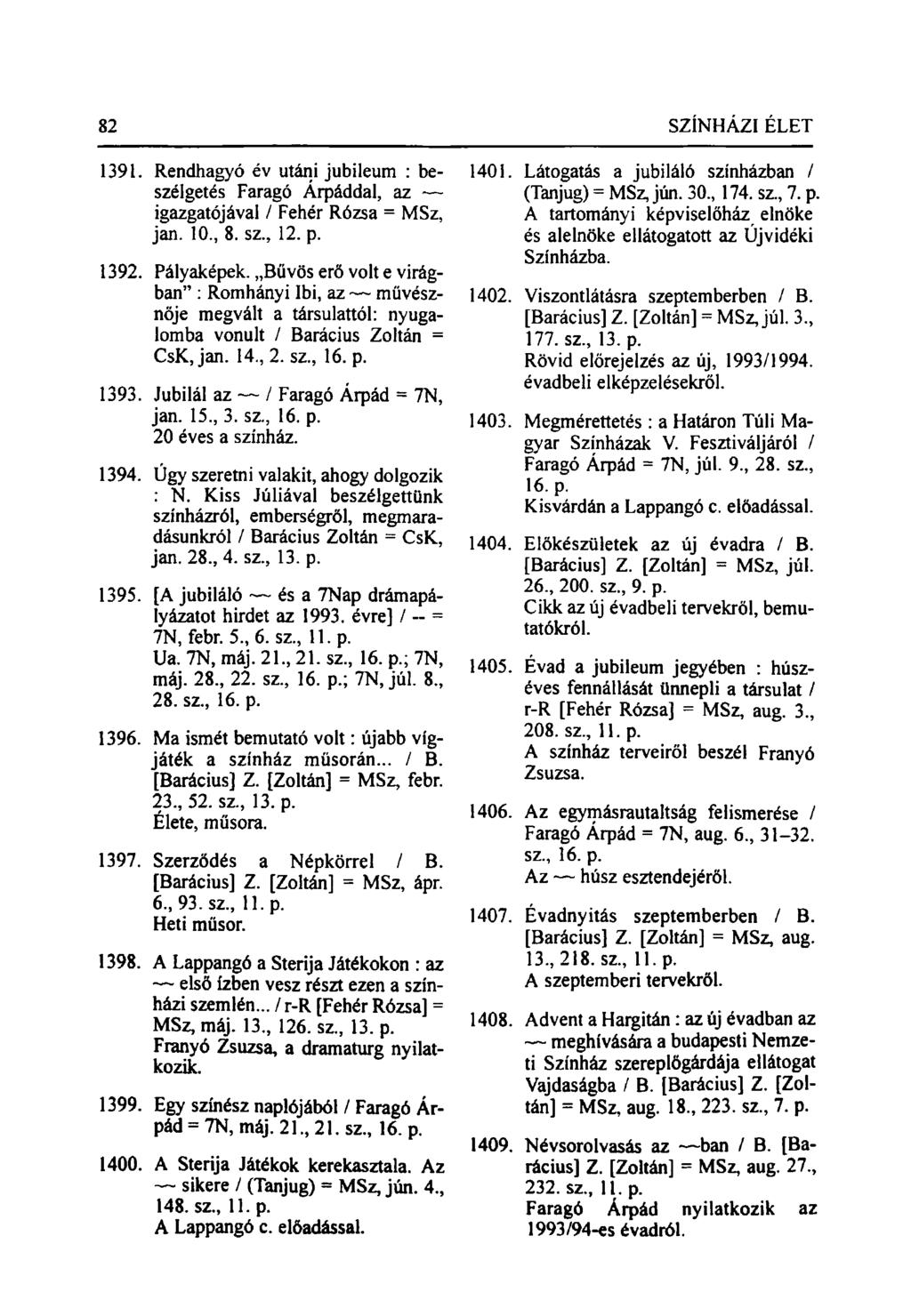 1391. Rendhagyó év utáni jubileum : beszélgetés Faragó Árpáddal, az igazgatójával / Fehér Rózsa = MSz, jan. 10., 8. sz., 12. p. 1392. Pályaképek.