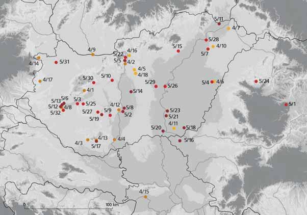 A szövegben szereplő és képpel illusztrált lelőhelyek elterjedési térképe: 4. fejezet: Barbarikum (világos sárga), Pannonia (sötét sárga), 5.