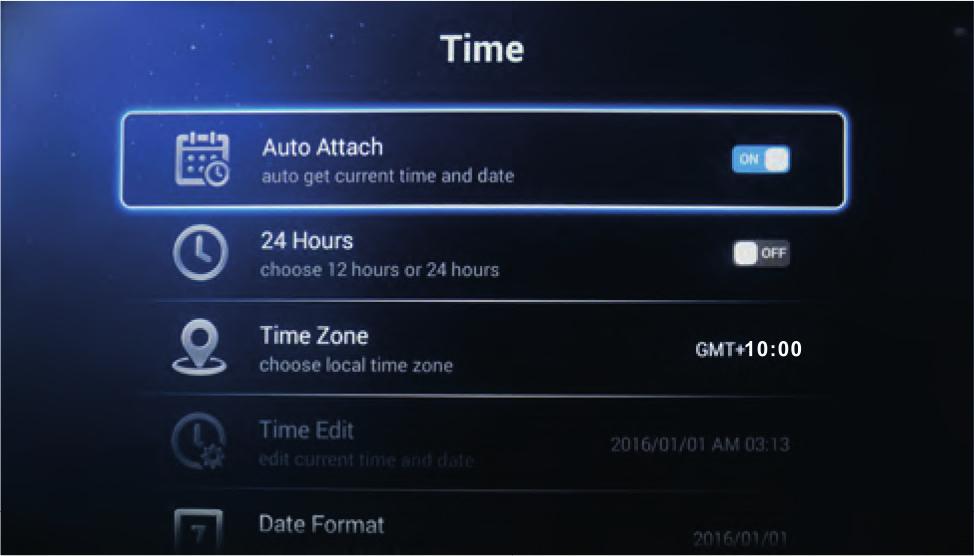 Automatikus frissítés: Az idő és a dátum automatikus frissítése. 24 óra: Válassza ki a 12 vagy 24 órás formátumot.