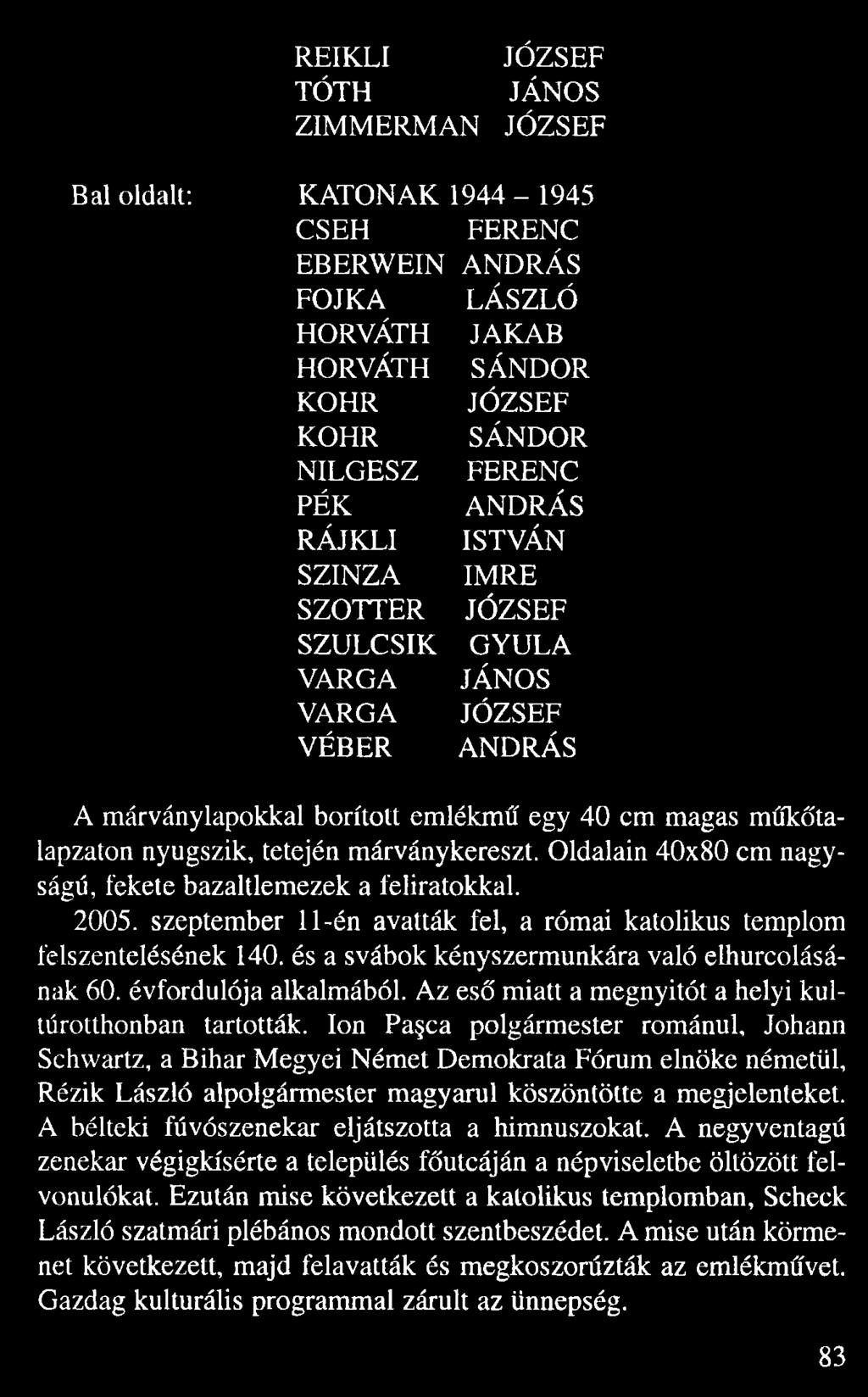 Oldalain 40x80 cm nagy ságú, fekete bazaltlemezek a feliratokkal. 2005. szeptember 11-én avatták fel, a római katolikus templom felszentelésének 140.