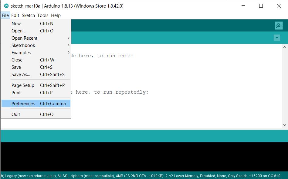 ESP8266 kiegészítés telepítése Arduino környezetbe A File/Preferences
