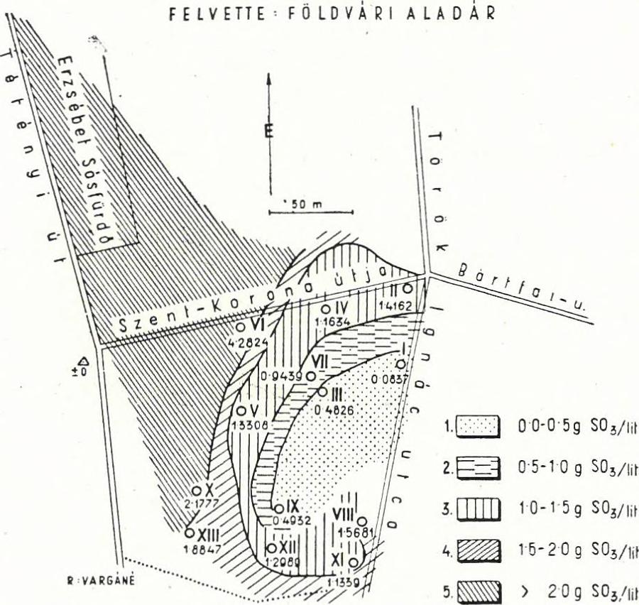 ábra Conditions géologiques et hydrologiqucs des environs de l Hôpital des Postes à Budapest Levé par A. Földvári 1. 0,0 0,5 g S 0 3/lit.,2. 0,5 1,0 g S 0 3/lit.,3. 1,0 1,5 g S 0 3/lit., 4.