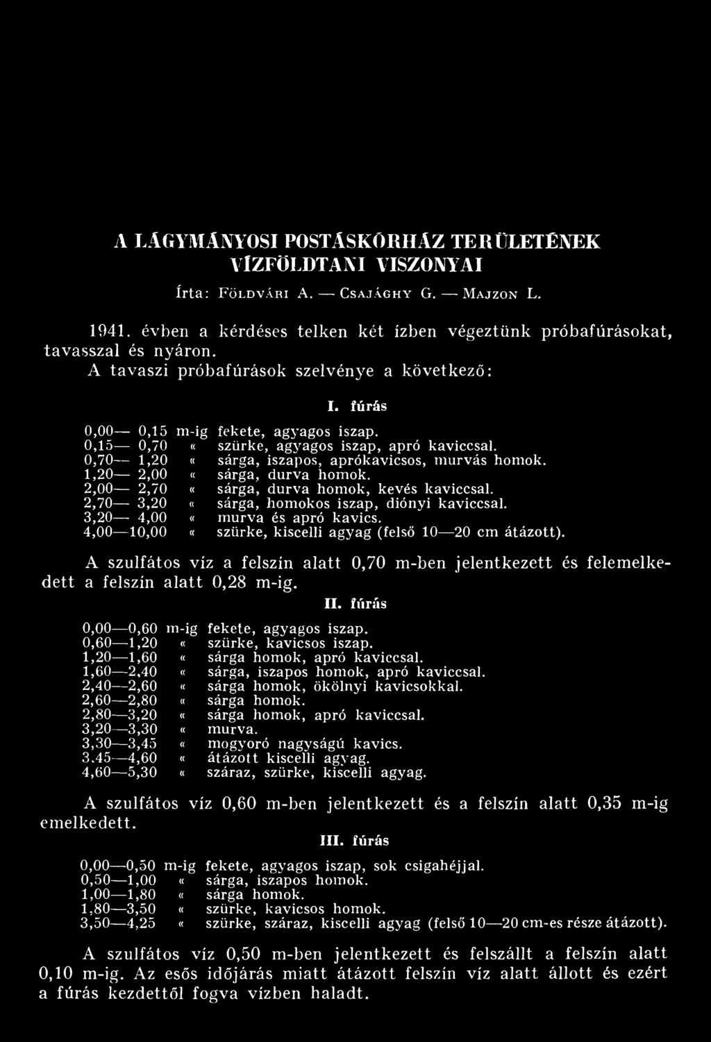 0,15 0,70 «szürke, agyagos iszap, apró kaviccsal. 0,70 1,20 «sárga, iszapos, aprókavicsos, m urvás homok. 1.20 2,00 «sárga, durva homok. 2.00 2,70 «sárga, durva homok, kevés kaviccsal.