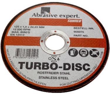 /min 13 300 12 200 12 200 10 200 Méretek [mm] 115 x 1 x 22 125 x 1 x 22 125 x 1,6 x 22 150 x 1,6 x 22 25 25 25 25 Turbo disc erőteljes vágókorong jó ár / teljesítmény arány igényes és pontos