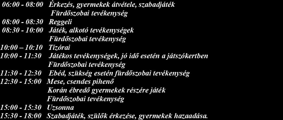 Napirendünk 08:00 Érkezés, gyermekek átvétele, szabadjáték 08:00-08:30 Fürdőszobai tevékenység, reggeli 08:30-10:00 Játék, alkotó tevékenységek 10:00-10:25 Fürdőszobai tevékenység, tízórai
