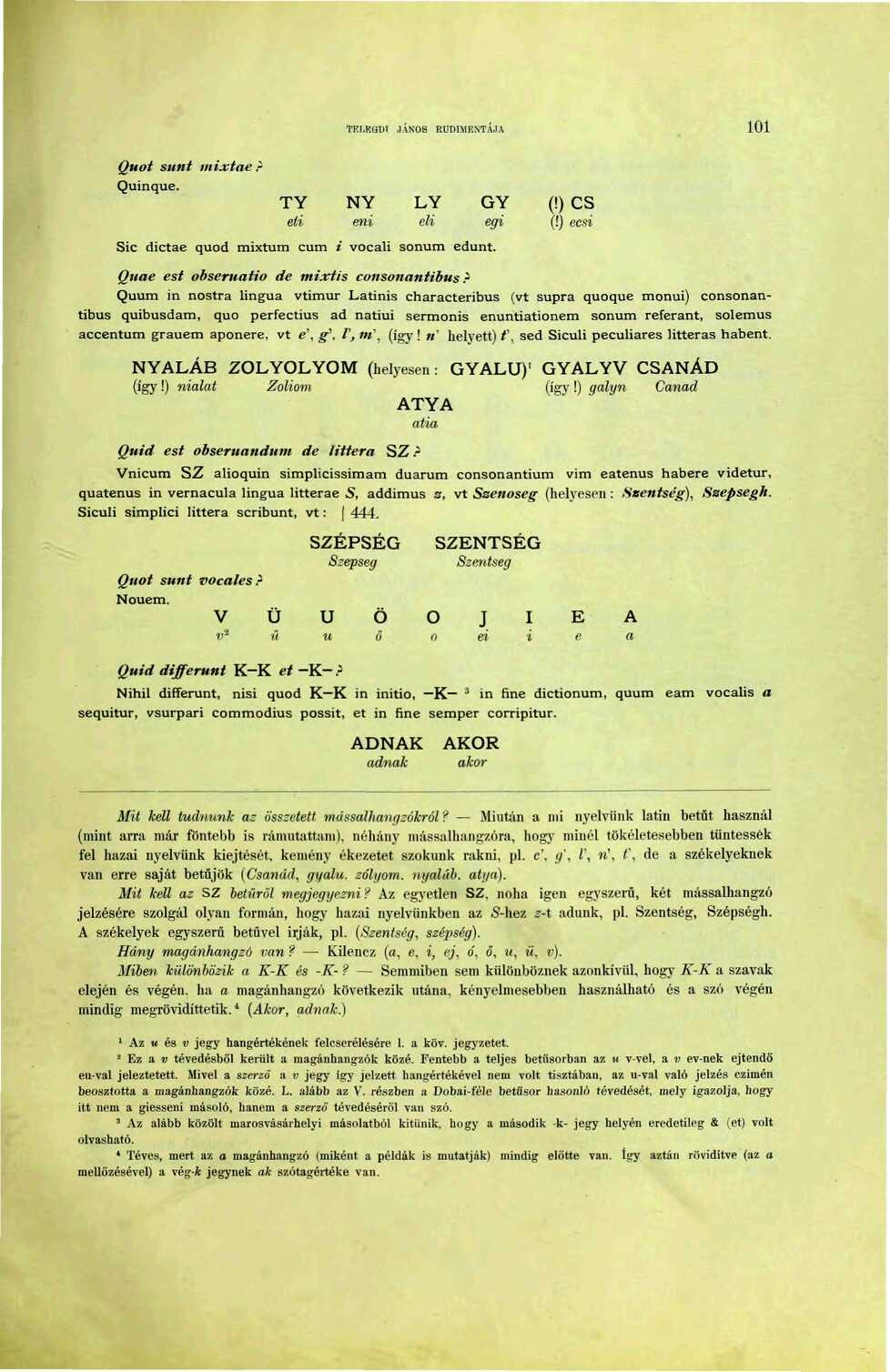 TRI.RQDl JÁNOS RUDIMENTÁJA 0 Quot sünt mixtaer Quinque. TY NY LY GY (!) CS éti eni éli égi (!) ecsi Sic dictae quod rnixtum cum i vocali sonum edunt. Quae est obseruatio de mixtis consonaníibus?