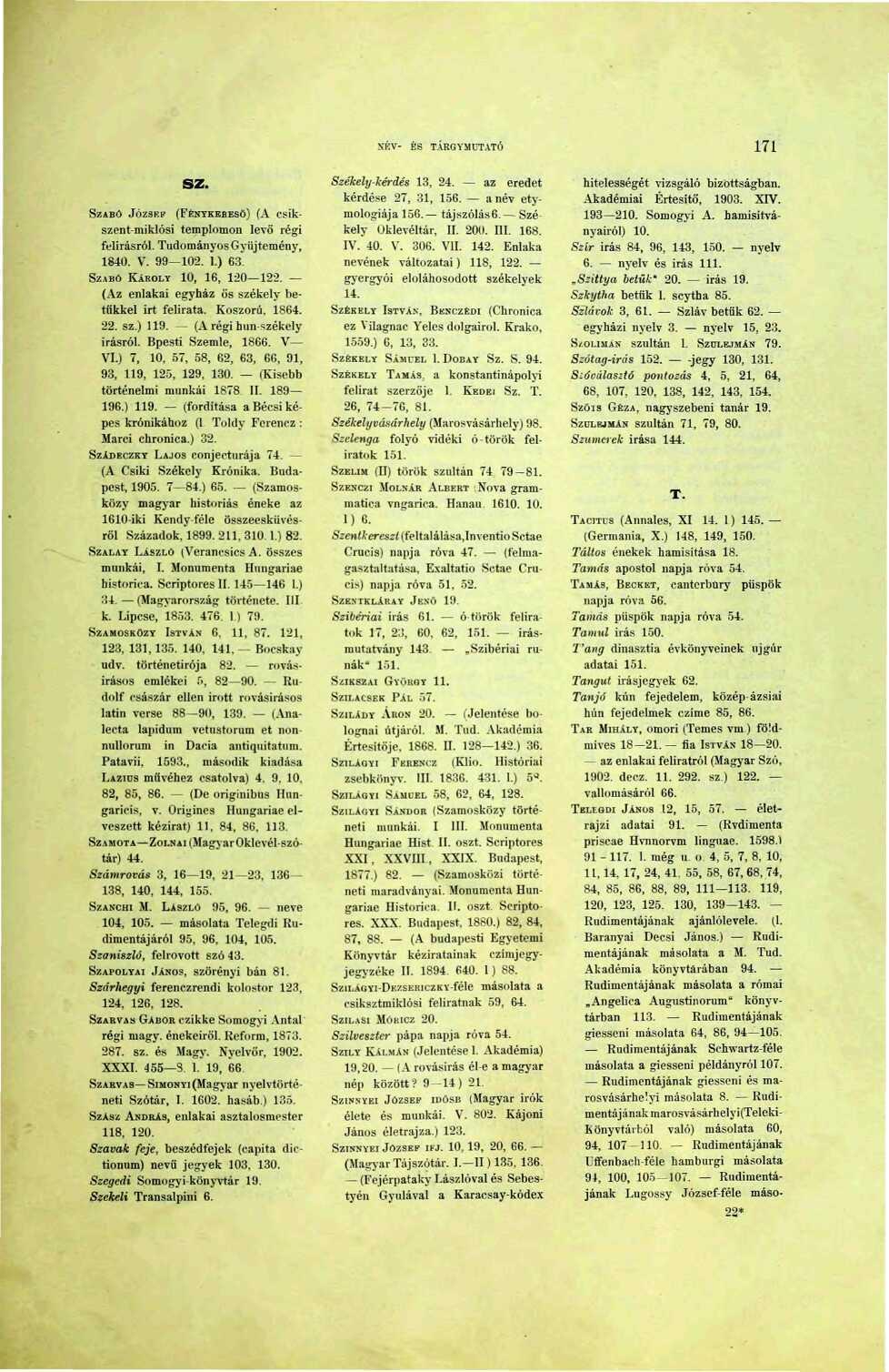 NÉV- ÉS TÁRGYMUTATÓ 7 sz. SZABÓ JÓZSKV (FÉNYKEBESÖ) (A CSikszent-miklósi templomon levő régi felírásról. Tudományos Gyűjtemény, 840. V. 99 02..) 63. SZABÓ KÁROLT 0, 6, 20 22.
