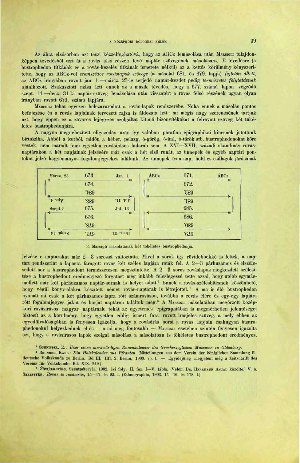 A KÖZÉPKORI BOLOGNAI EMLÉK 39 Az ábra elsősorban azt teszi kézzelfoghatóvá, hogy az ABCz lemásolása után MARSIGLI tulajdonképpen tévedésből tért át a rovás alsó részén levő naptár szövegének