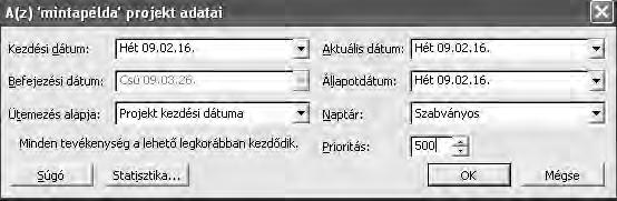 Állapotdátum megadása esetén a projekt idő-, költség- vagy teljesítményállapotának jelentéséhez beállítható dátum módosításával szabályozható a projekt