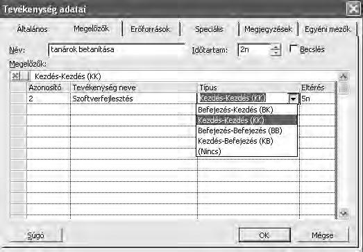 40. ábra Tevékenység adatlap/megelőzők A kapcsolatokat a szokásos eszközsoron is létrehozhatunk, törölhetünk vagy megszakíthatunk.