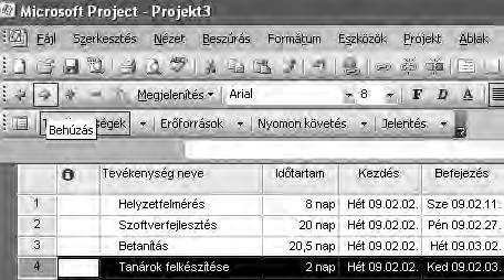 4.3. WBS szerkezet létrehozása, megadása A tevékenységeket, főtevékenységeket hierarchikusan tudjuk ábrázolni (megadni a programban), ezzel is könnyebbé tehetjük a projekt átlátását.