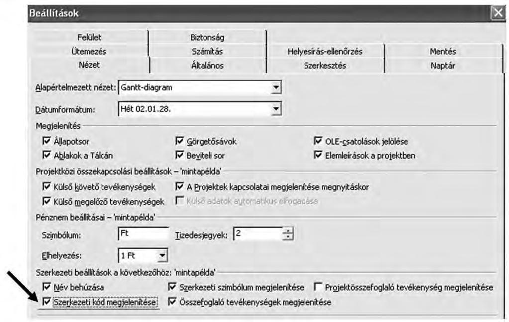54. ábra Eszközök/Beállítások/Nézet/Szerkezeti kód megjelenítése 4.4. Egyszerű szerkesztési lehetőségek 4.