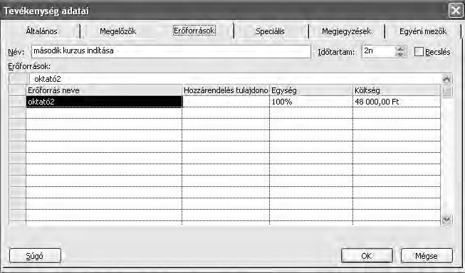 110. ábra Tevékenység adatai lap/erőforrások 20