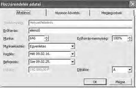 egy erőforrás kijelölése után a hozzárendelés adatai ikonra kattintva is kitölthetjük az adatokat. 112.