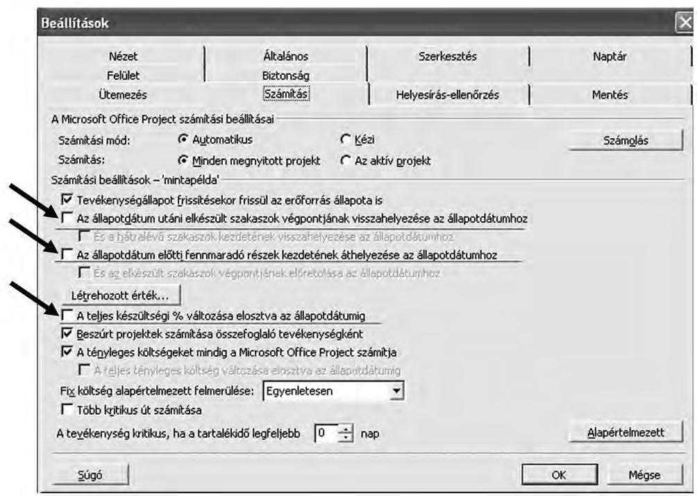 Az Eszközök menü/beállítások/számítás regiszterfülön a Számítási beállításoknál az állapotdátumra kétféle lehetőség van: az állapotdátum utáni elkészült szakaszok
